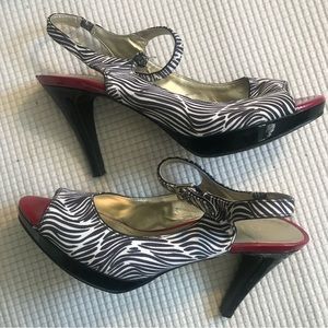Unisa Black and White Zebra Stipe Platform Ankle Strap Heels